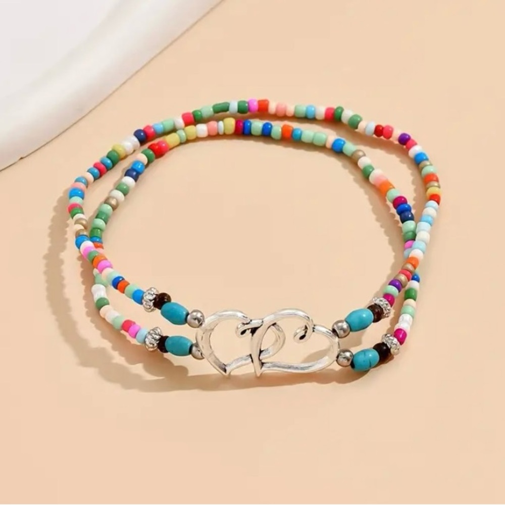Boho Silver Plated Double Layer Rice Beaded Double Heart Charm Anklet Multicolor